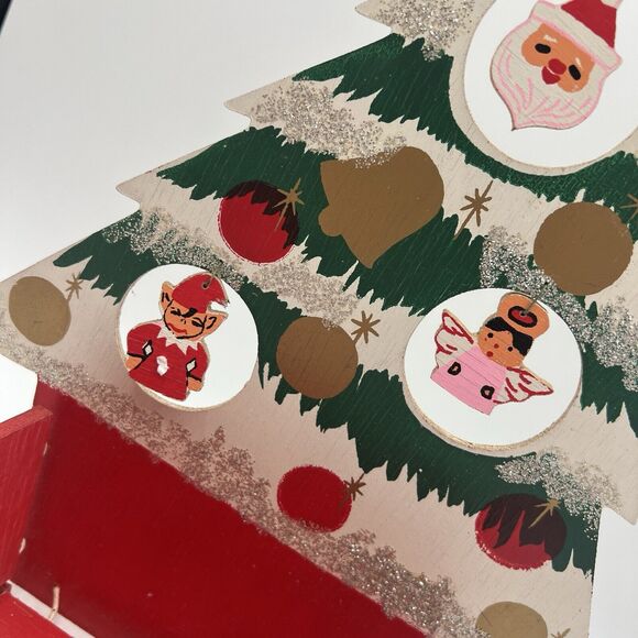 Vtg Wood Christmas Tree Card Holder Holiday Mail Box Kitsch Japan 14" Elf Santa - Picture 3 of 9